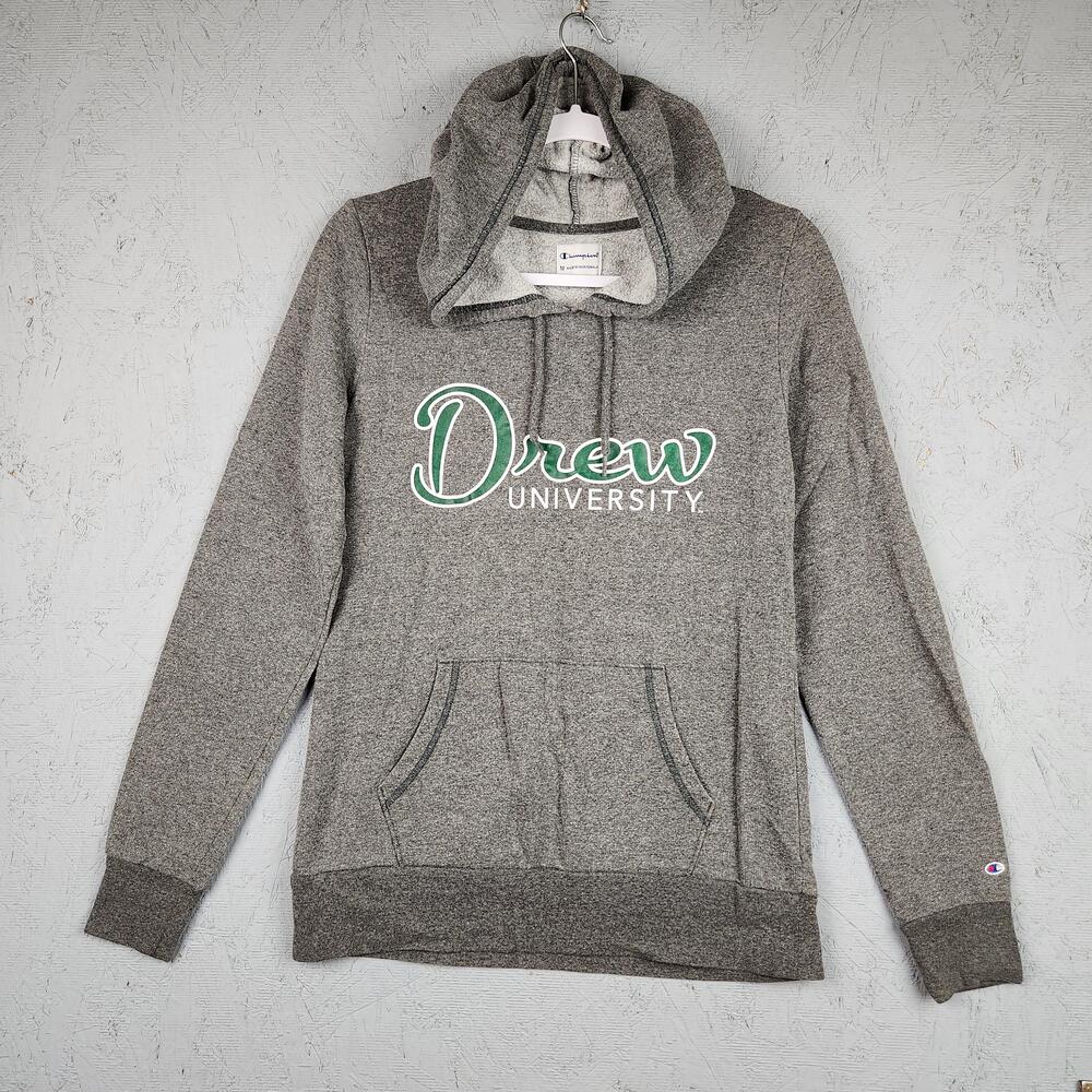 Vintage Champion Hoodie Mens Medium Gray Drew University Graphic Logo Fleece Y2k
